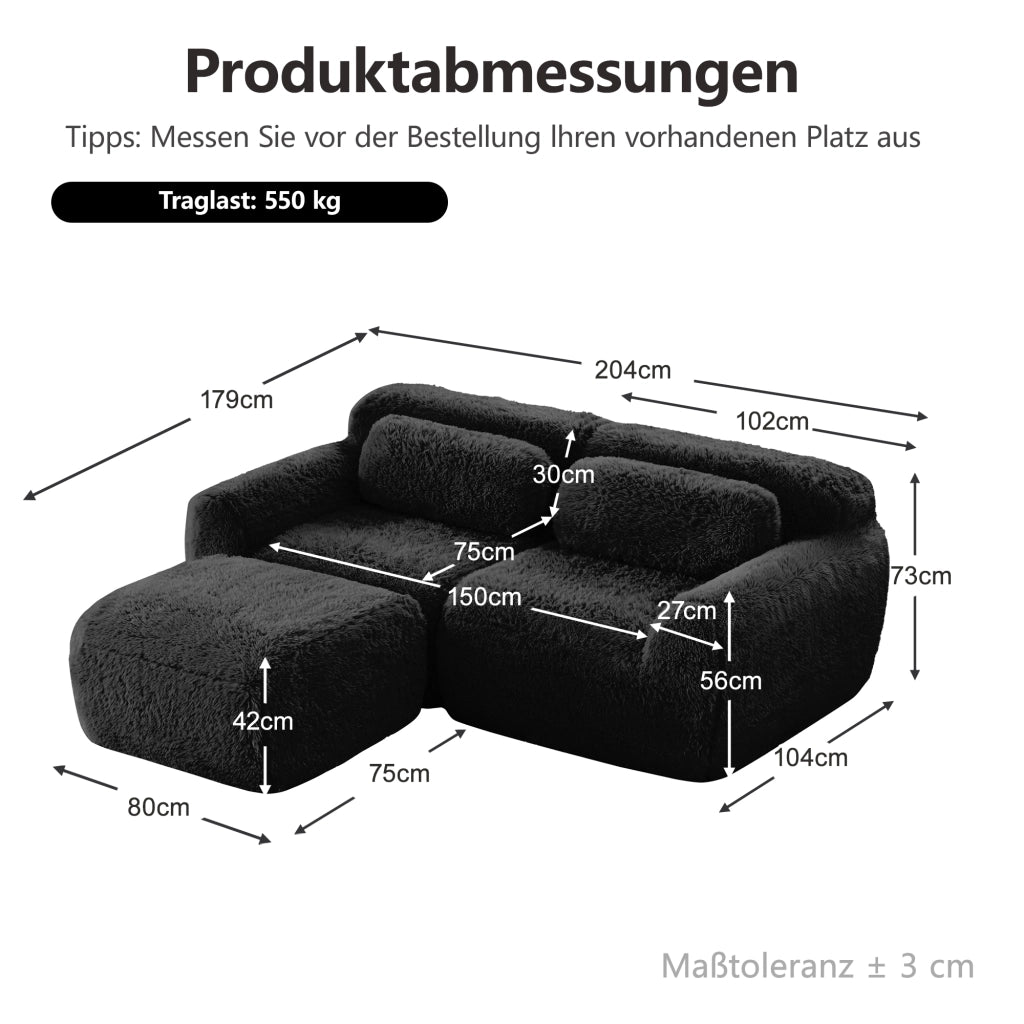 Divano angolare modulare a 2 posti in tessuto plush nero con seduta ampia base antiscivolo senza montaggio