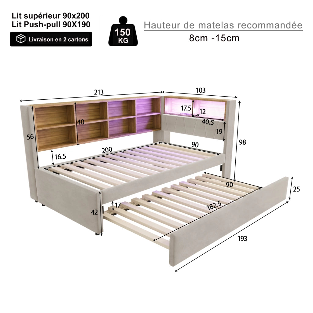 Letto con letto estraibile 90 × 200 cm con secondo letto 90 × 190 cm LED porte USB e prese grigio chiaro