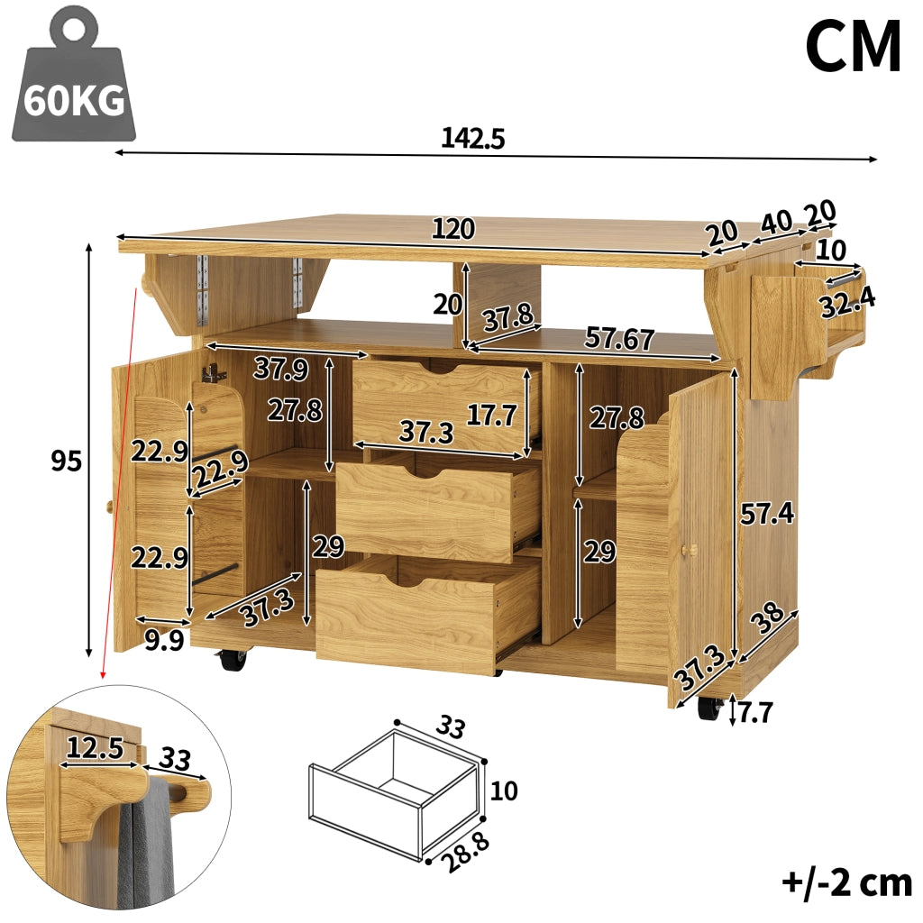 Carrello da cucina con piani laterali pieghevoli 3 cassetti ripiani regolabili in MDF con ruote bloccabili marrone