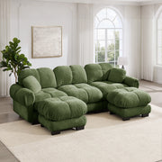 Divano a U da 3 posti in chenille verde con pouf mobile e due cuscini decorativi