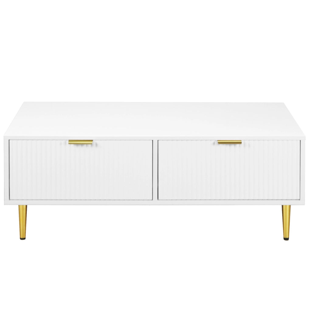 Tavolino da caffè moderno bianco con dettagli oro, 2 cassetti, 100 x 50 x 40 cm