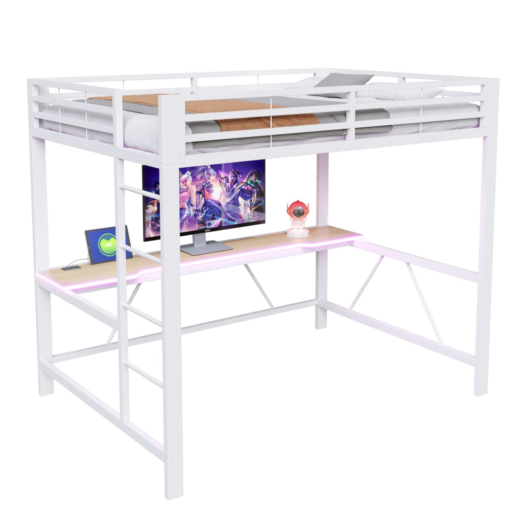 Letto a soppalco gaming 140x200 cm con scrivania e LED bianco HOMVRA