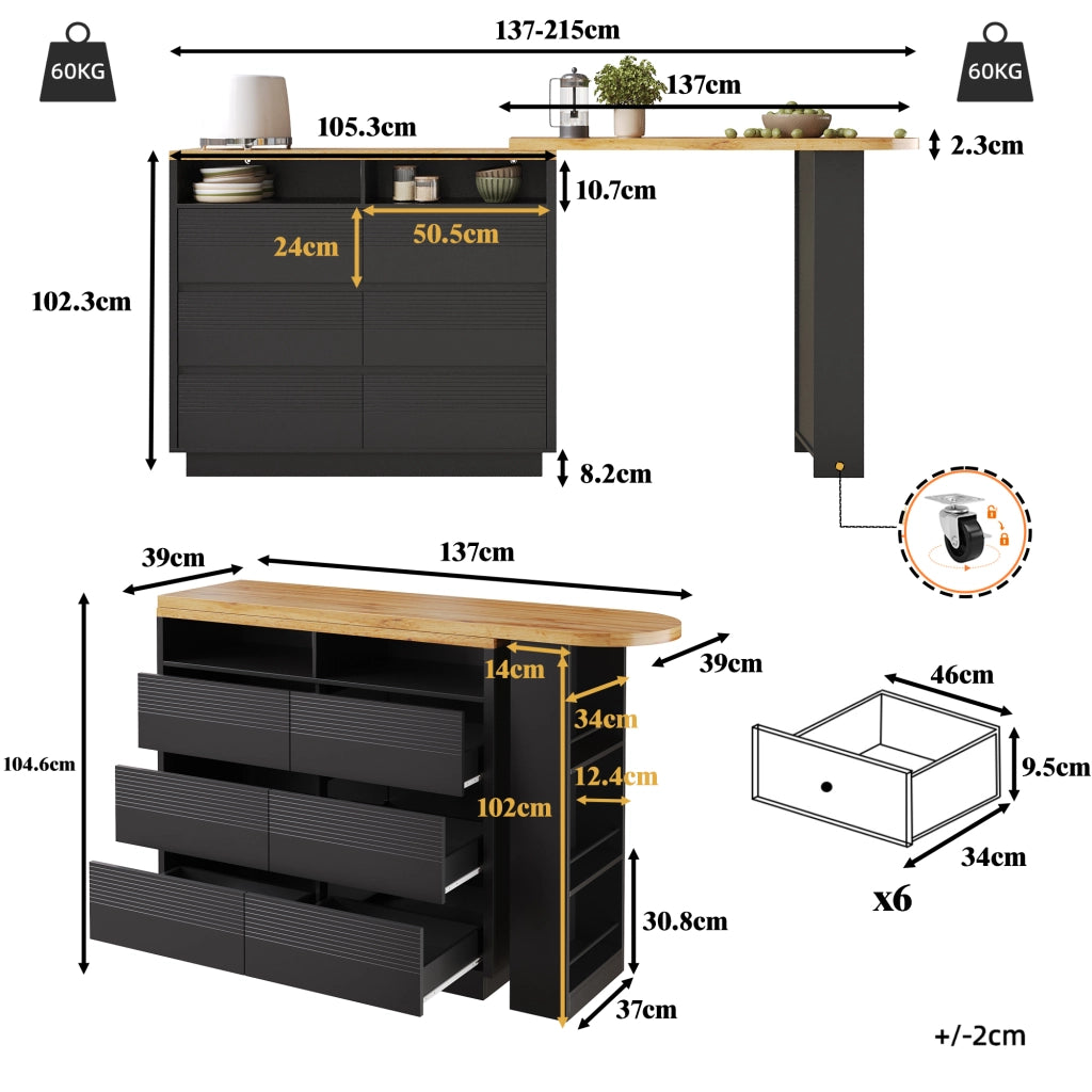 Tavolo alto allungabile girevole con 6 cassetti e ripiano laterale in MDF nero 137 × 39 × 102.3 cm
