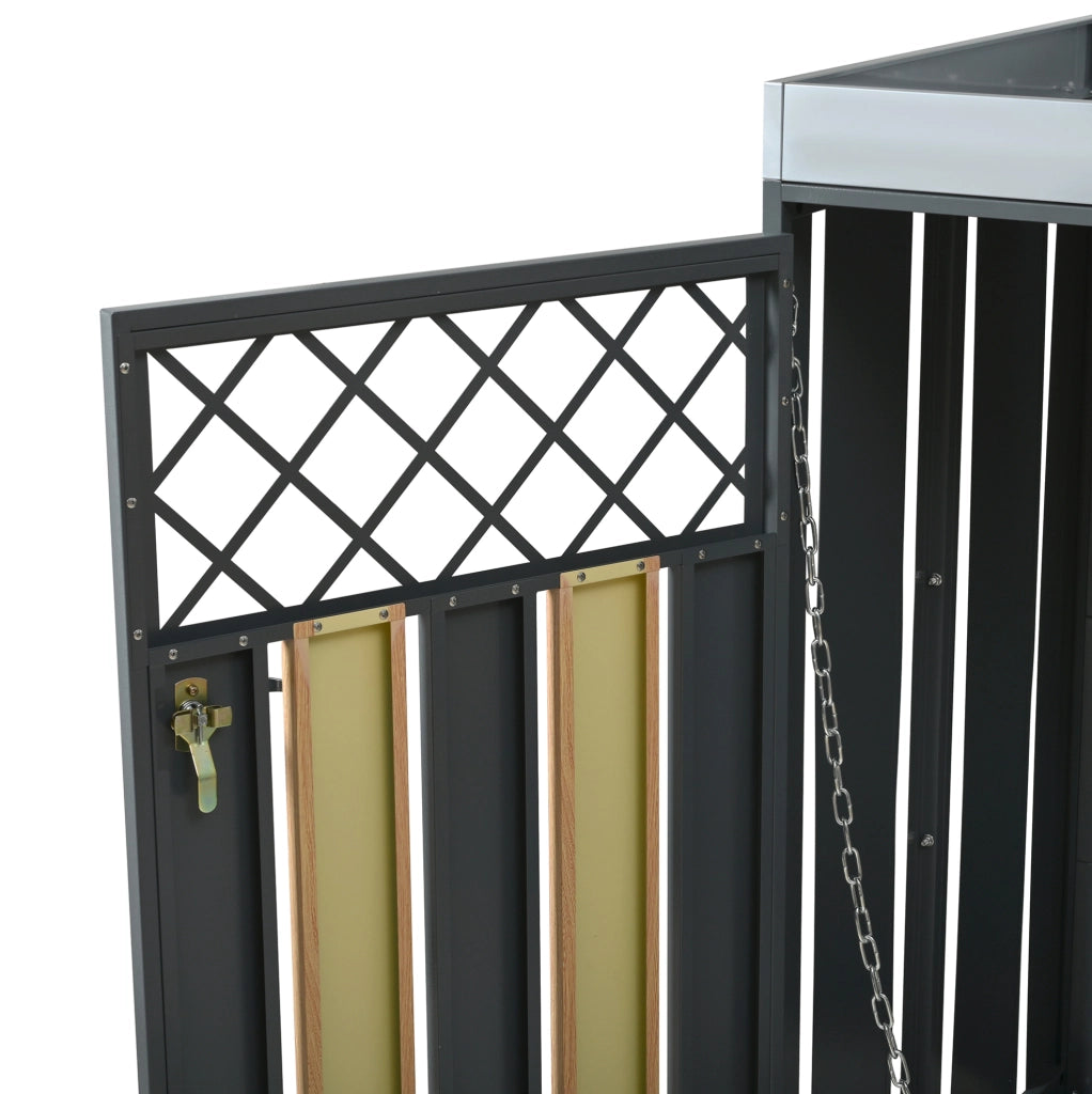 Armadio per bidoni raccolta differenziata con fioriera integrata, struttura in acciaio zincato, design con ventilazione a rombi e finitura effetto legno, chiudibile a chiave