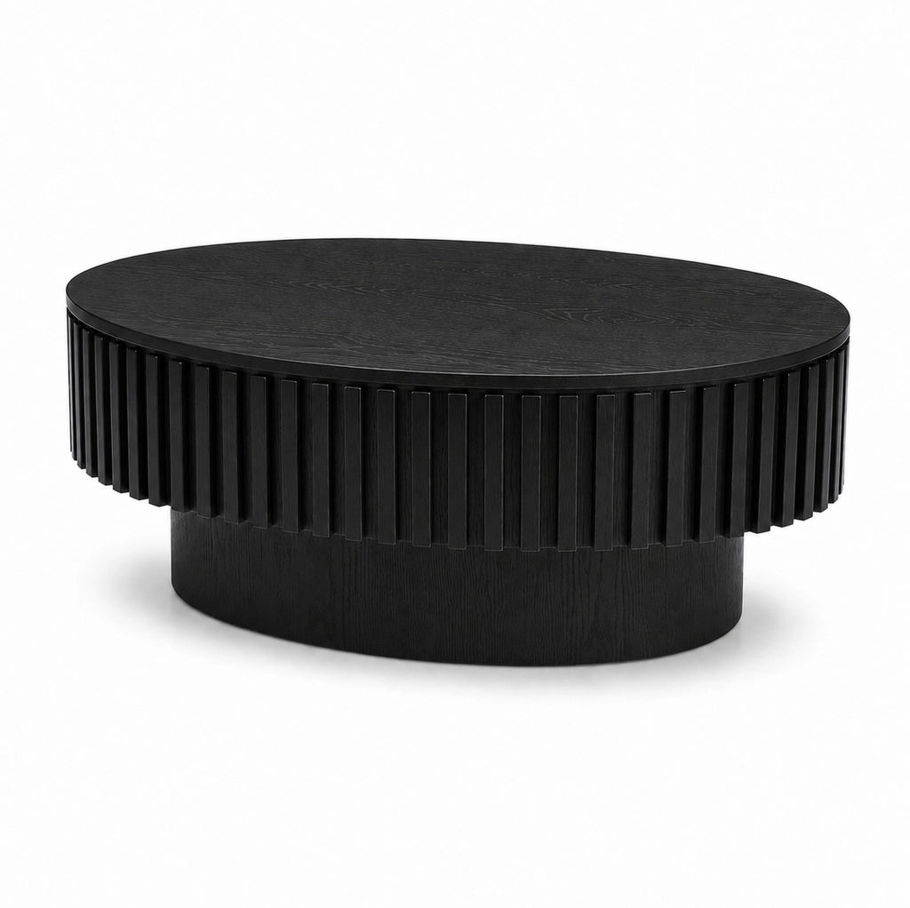 Tavolino da Caffè Ovale 98 cm con Ripiano Nascosto, Rivestimento in Legno Massello, Design Fluted Nero Opaco