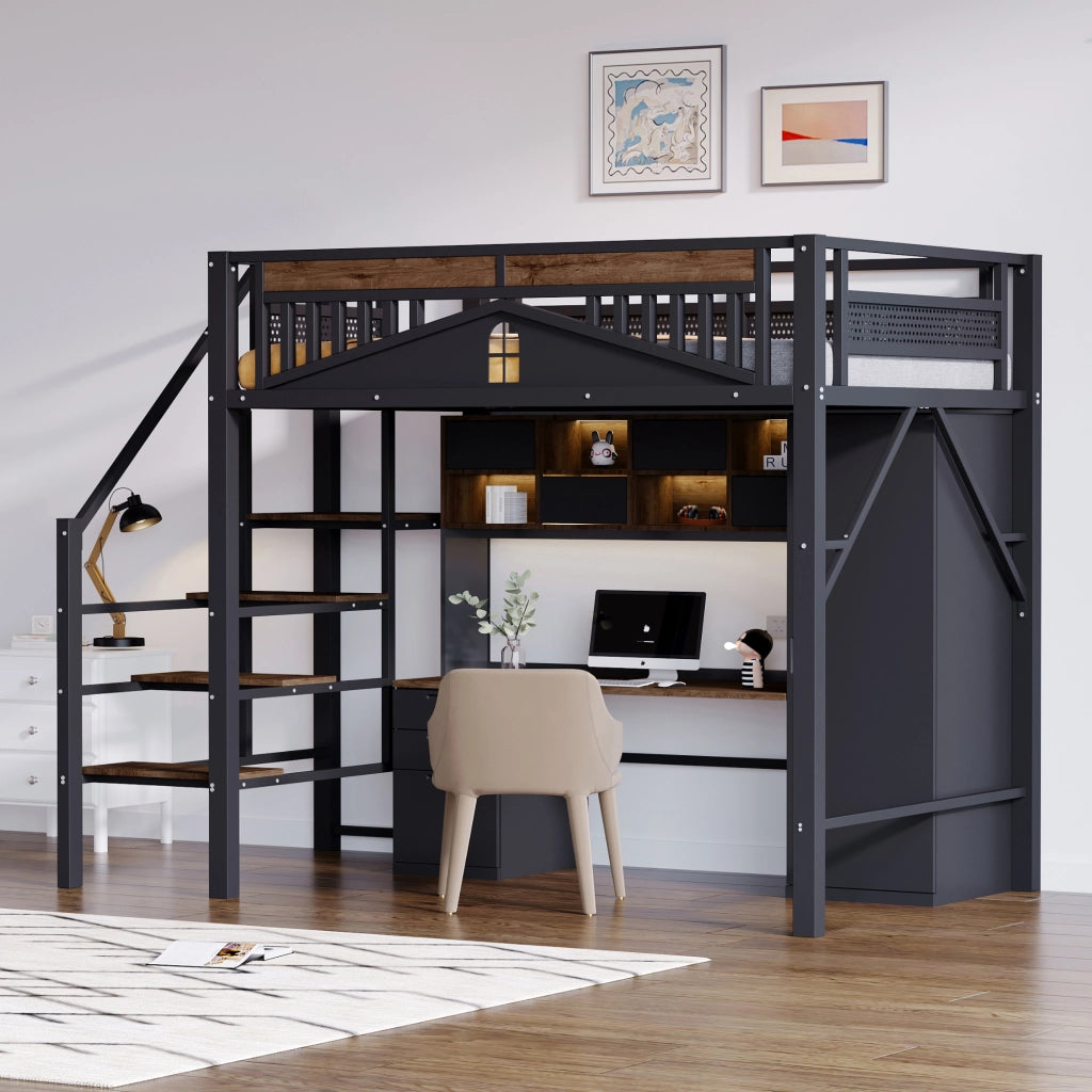 Letto a soppalco 140 × 200 cm con scala di sicurezza; gradini in legno e barriera a finestra in metallo nero