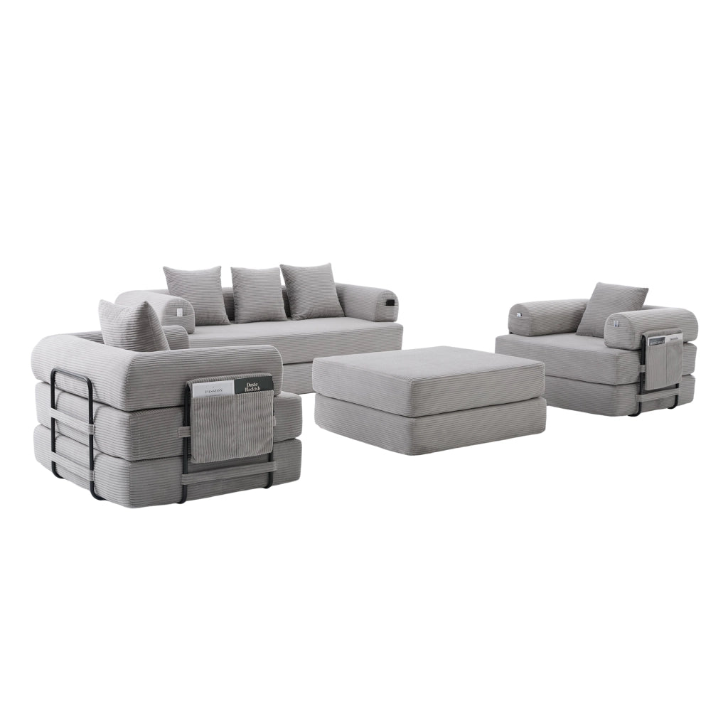 Set divano modulare 3 posti con poltrona e pouf in velluto a coste grigio chiaro
