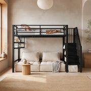 Letto a soppalco 90x200 cm con ripiani e scala contenitore in metallo e MDF nero