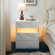 Comodino LED con 3 Cassetti e Pannello Acrilico, Tavolino da Notte per Camera da Letto in Bianco Pietra