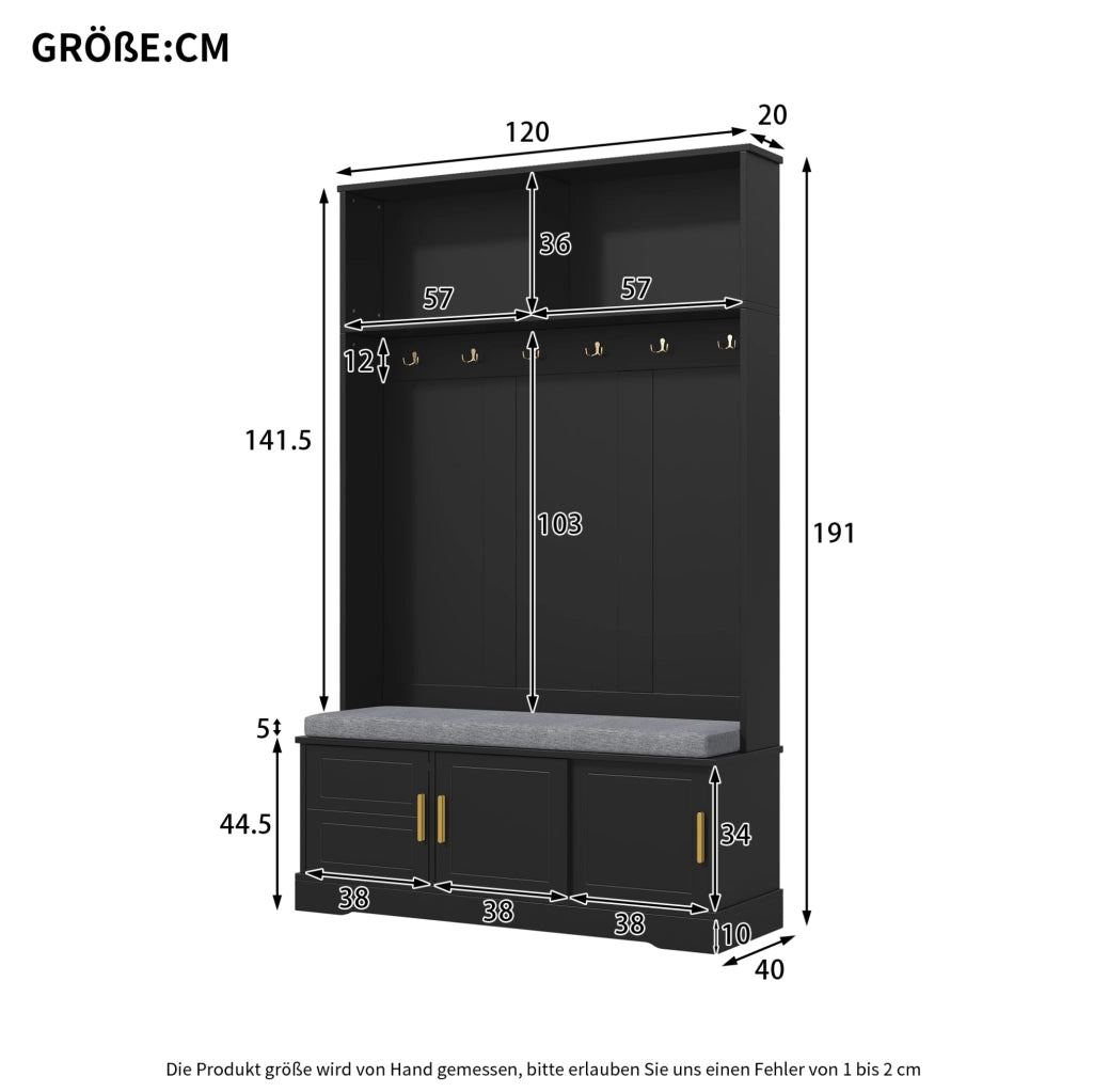 Appendiabiti con panca e scarpiera 120x40x191 cm; 6 ganci; truciolare nero