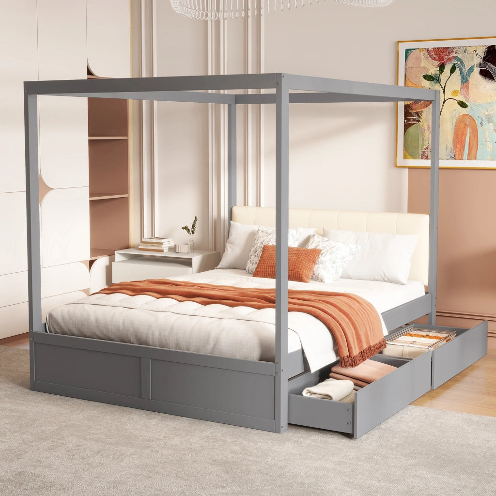 Letto a tenda 140x200 cm con due cassetti; schienale imbottito e struttura in legno; grigio e bianco