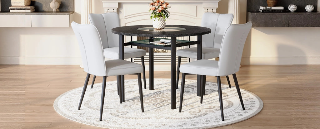 Set da pranzo moderno con tavolo rotondo nero effetto legno 100 cm e 4 sedie grigio chiaro in PU con gambe nere in metallo