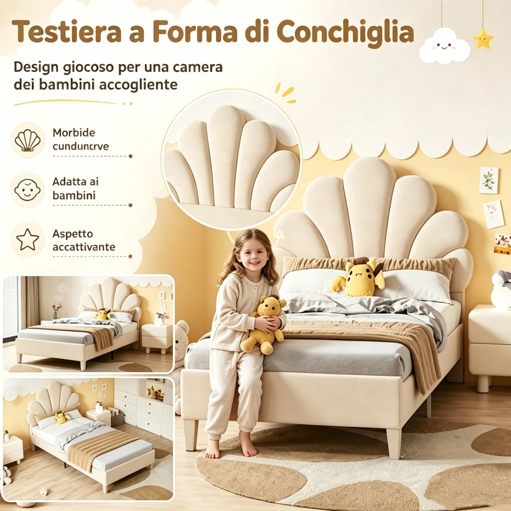 Letto Singolo per Bambini 90x200cm;Letto imbottito con Testiera Regolabile a Forma di Petalo;per Bambini; Adolescenti;Velluto Beige; senza Materasso