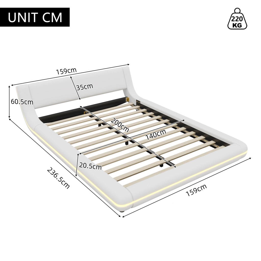 Letto Basso 140 x 200 cm; con LED Regolabile; in PU e MDF; Bianco; camera notte
