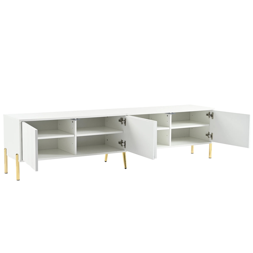 Mobile TV con quattro ante e otto ripiani in MDF e pannello truciolare bianco con gambe dorate 190 × 38 × 48 cm