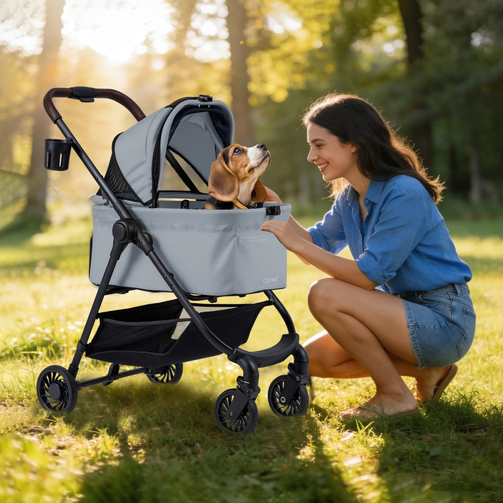 Passeggino animali domestici 3-in-1 portaprotetto tetto rete, Passeggino animali cesto portaoggetti sicurezza Grigio
