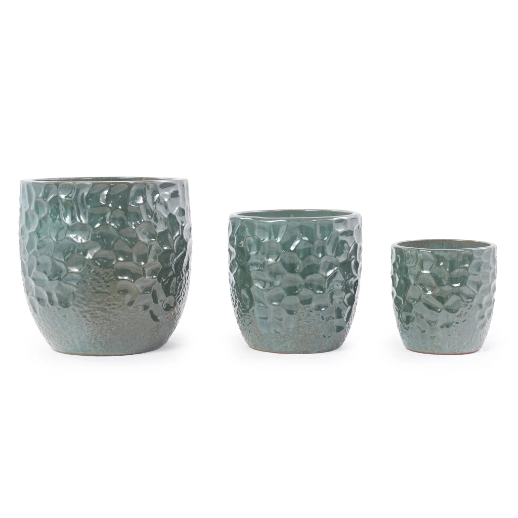 Vaso da pavimento in gres Ø 38 cm verde scuro lucido con rilievo martellato e foro di drenaggio per piante grandi