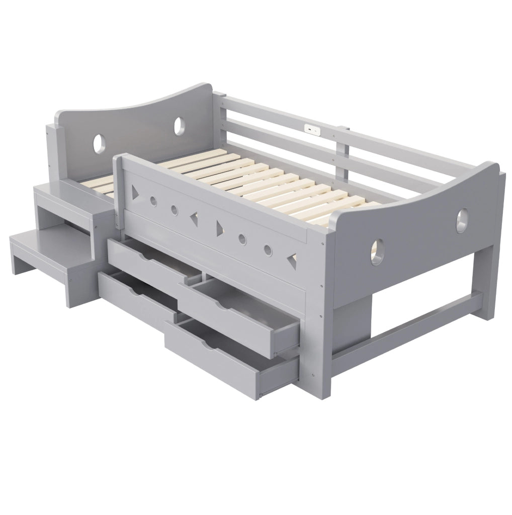 Letto singolo per bambini 90x200 cm grigio con cassetti, LED, USB e Type-C