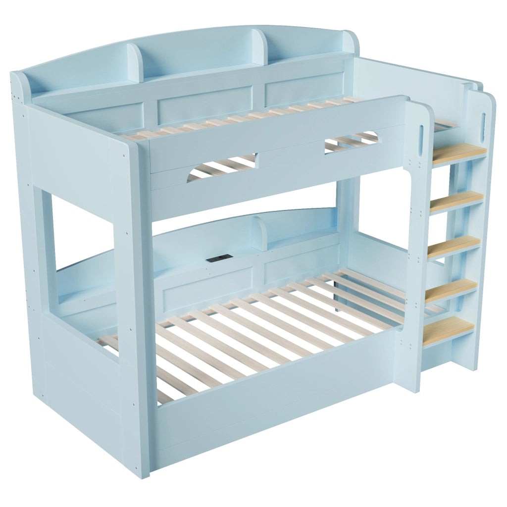 Letto a castello due posti 90 × 200 cm con presa USB e ripiani laterali in legno e MDF blu