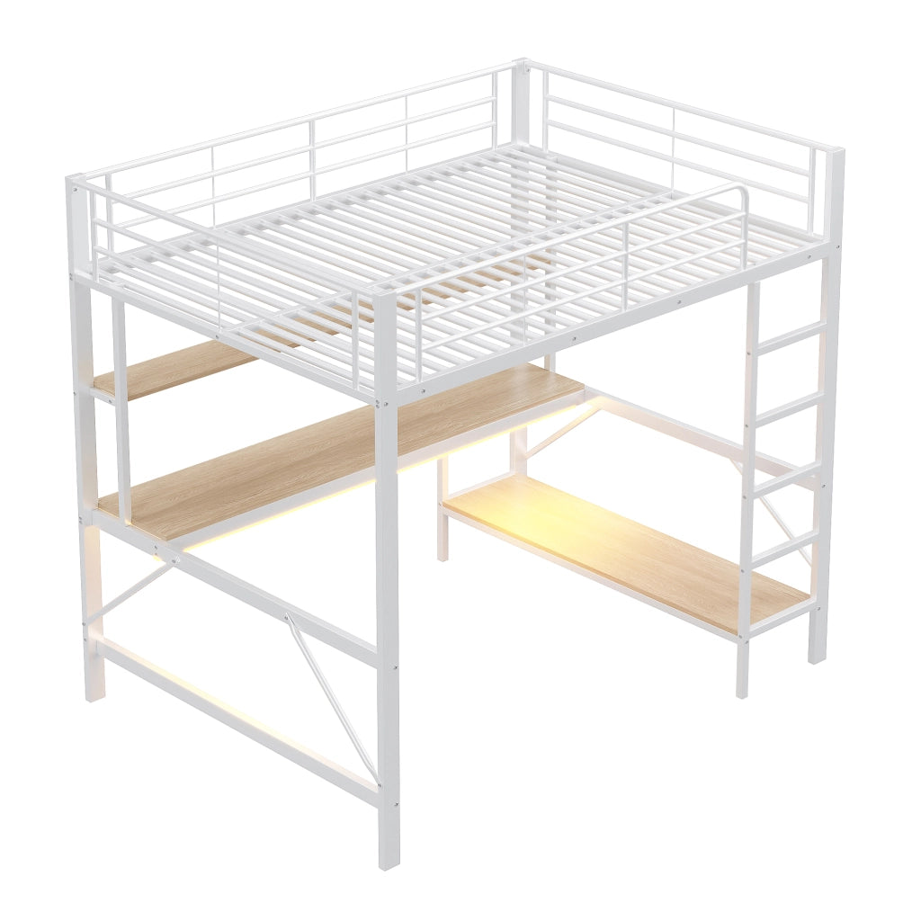 Letto a soppalco 140x200 cm con scrivania e scaffali; metallo e MDF bianco