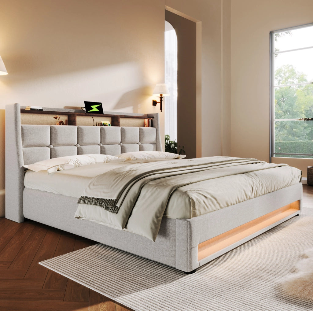 Letto matrimoniale 140x200 cm con contenitore; LED e USB in lino beige chiaro