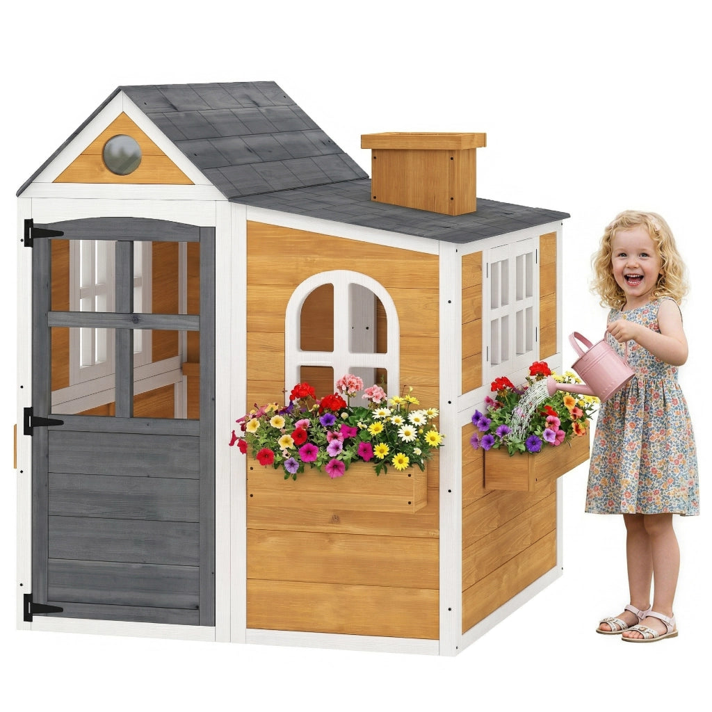 Casetta per bambini in legno da giardino con porta, finestre e 3 fioriere, casetta da gioco per esterno e interno, giallo