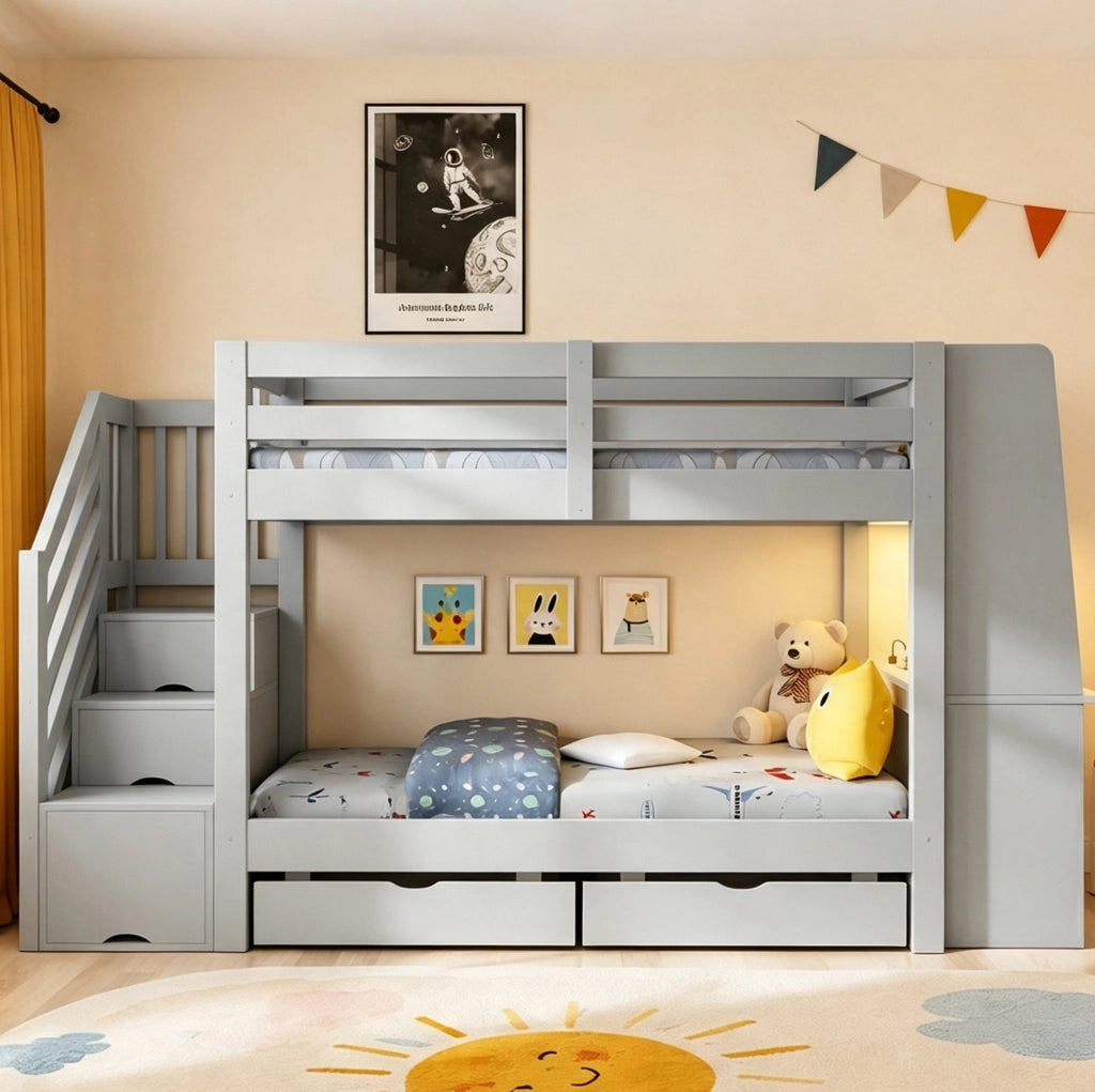 Letto a castello multifunzionale in legno 90x200 cm con scrivania integrata, scala contenitore, LED e prese, colore grigio