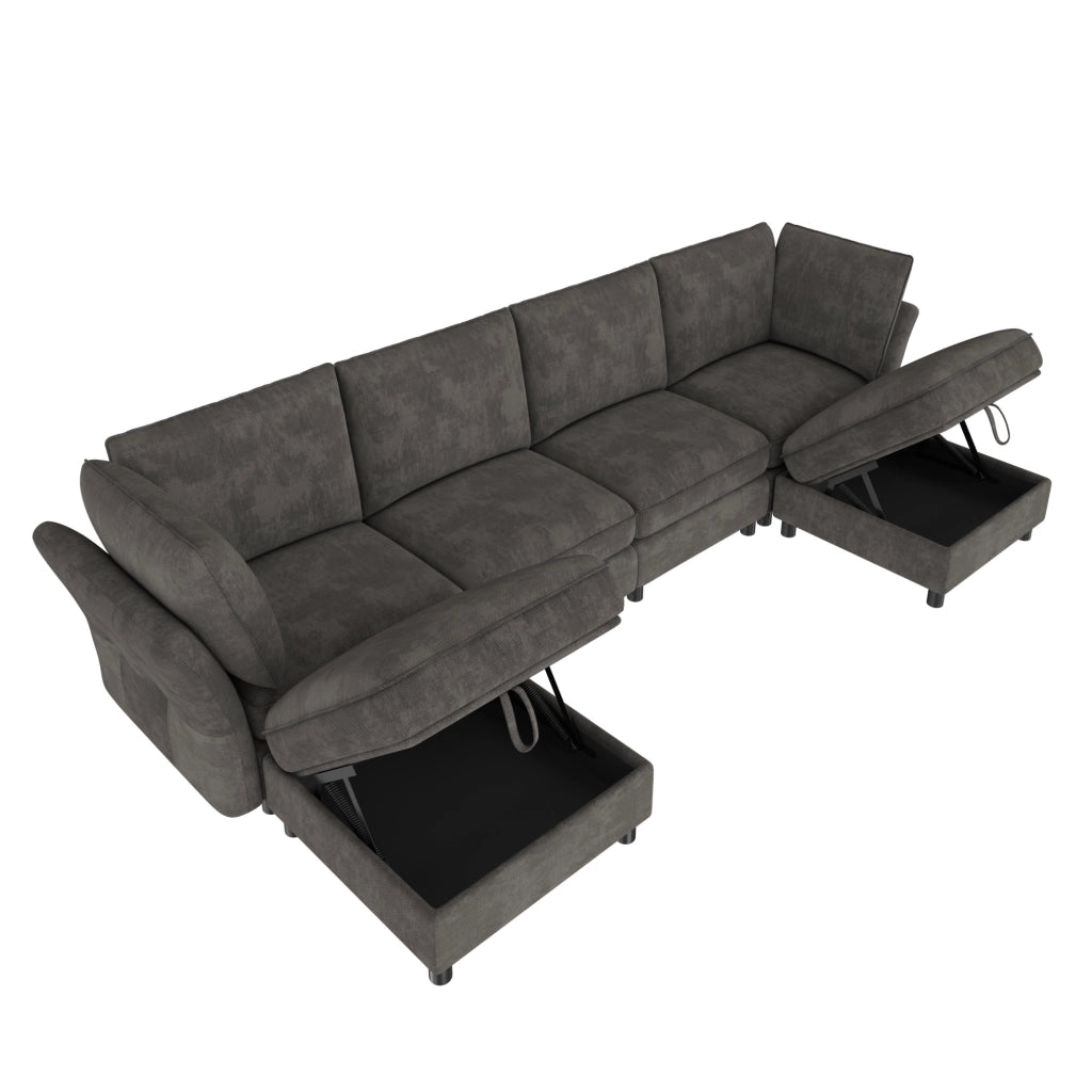 Divano modulare a U 6 posti con 2 pouf contenitore in ciniglia grigio