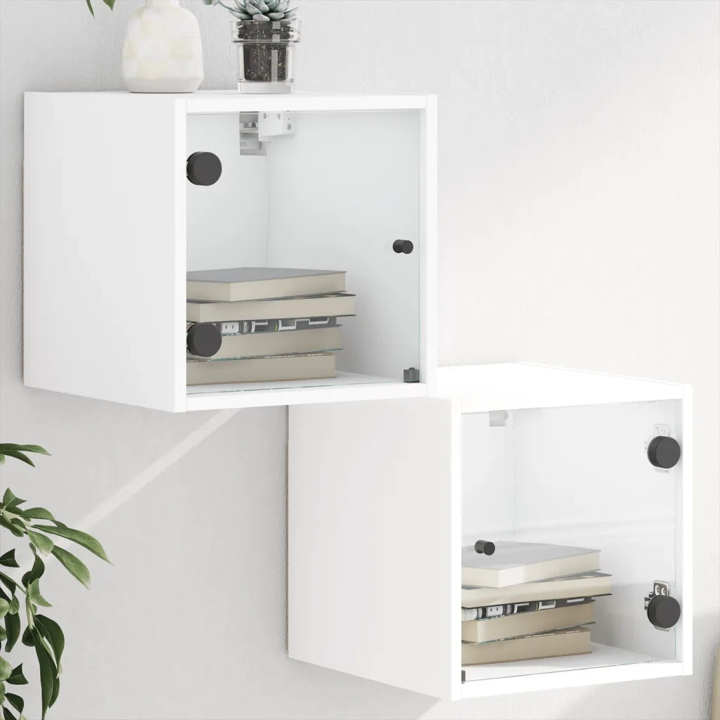 Set di 2 Comodini | Armadio da Notte | Mobiletto da notte con Ante in Vetro Bianco 35x37x35 cm