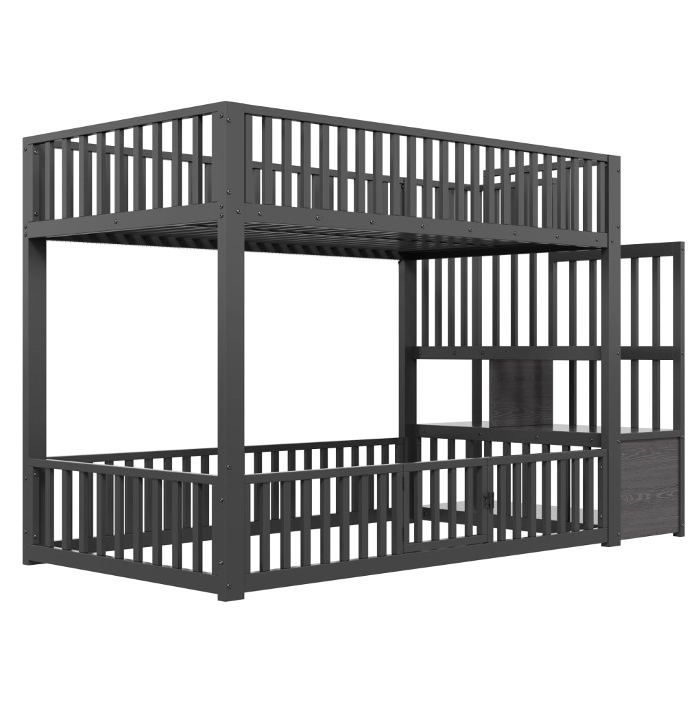 Letto a castello basso 90x200 cm con LED e scala contenitore in MDF e metallo nero
