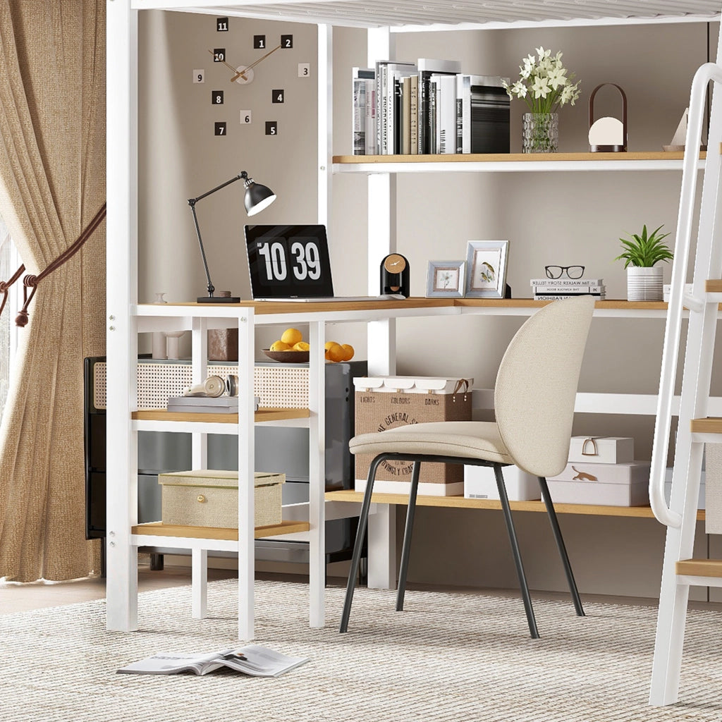 Letto a soppalco 90 × 200 cm con scrivania ripiano contenitori in tessuto scala inclinata in metallo e MDF bianco naturale