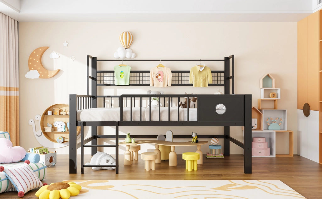 Letto per bambini 90x200 cm con struttura in metallo, soppalco basso con ripiani e appendiabiti, colore nero
