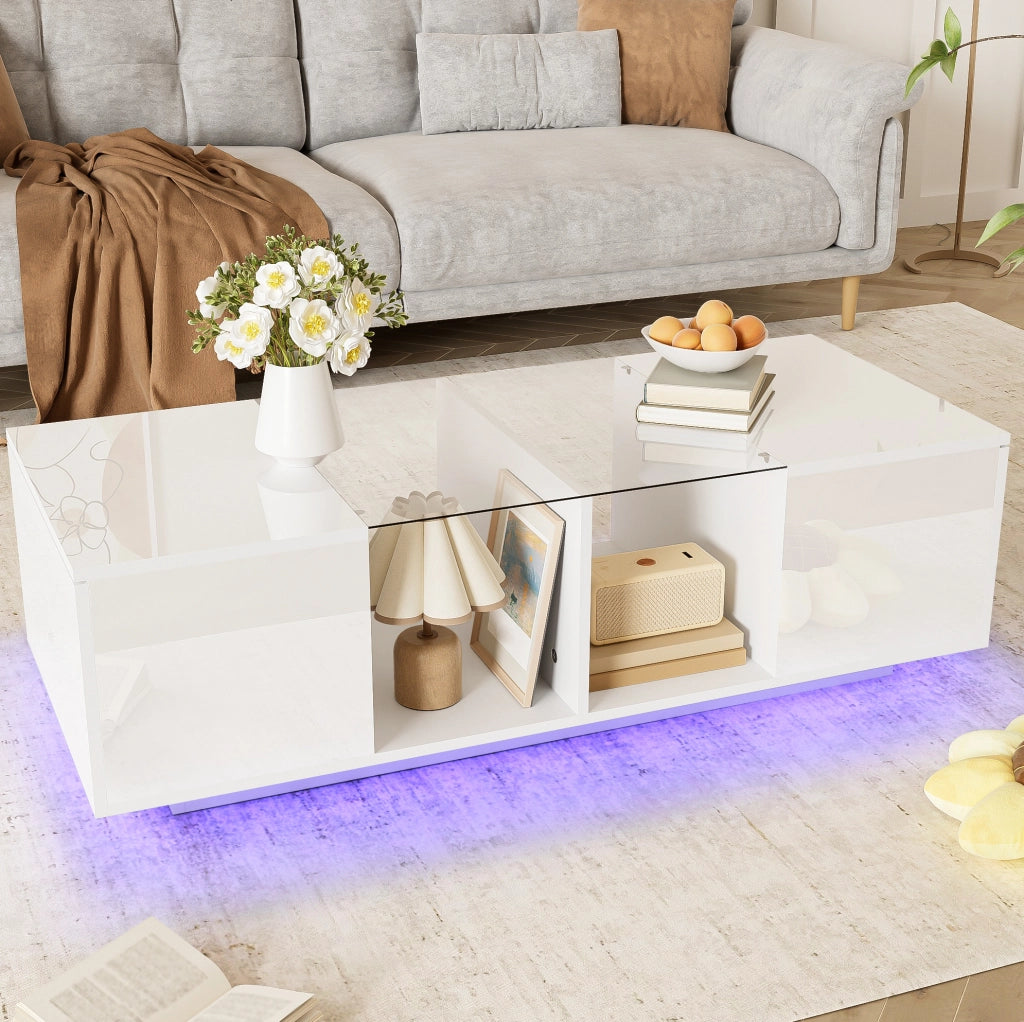 Tavolino da caffè moderno bianco 120 x 50 x 38;5 cm con LED e piano in vetro