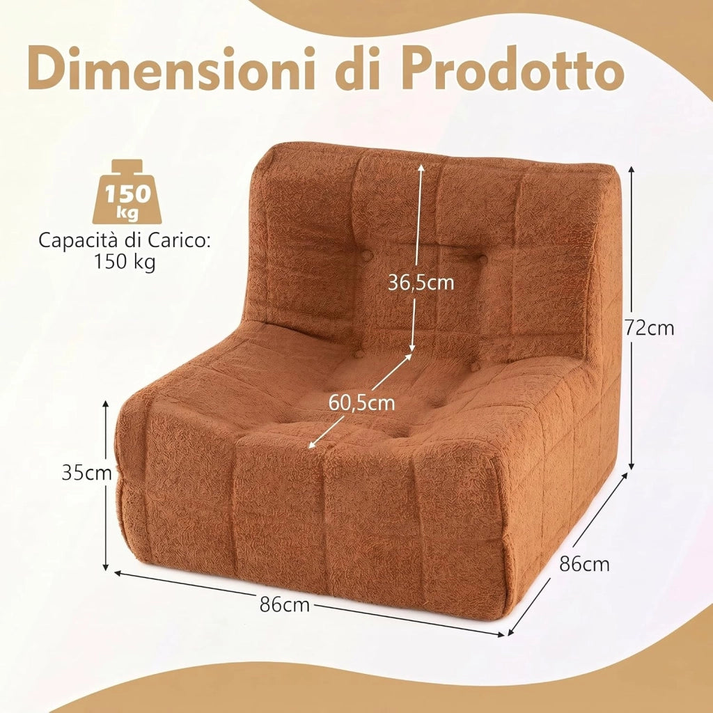 Divano da Pavimento, Poltrona da Lettura con Fondo Antiscivolo e Design Trapuntato, Sedia Imbottita da Terra per Soggiorno, Studio, Camera da Letto, 86 x 86 x 72cm, Portata 150 kg (Marrone)
