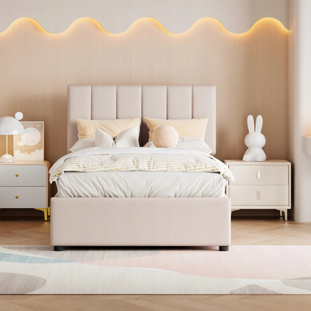 Letto imbottito 90x200 - Xylo - Beige con telaio sollevabile