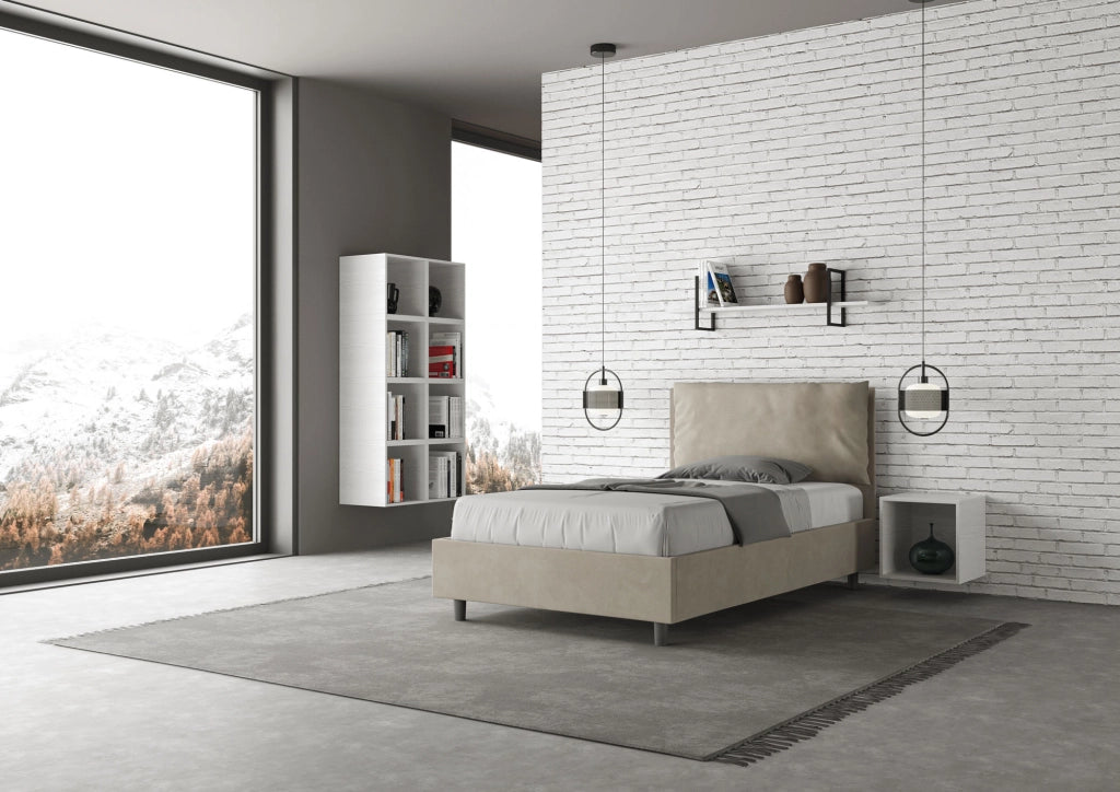 Letto 1 Piazza E Mezzo 130x190 cm con Rete Imbottito in Microfibra Antea Large Sabbia