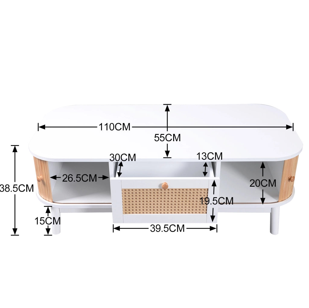 Tavolino da caffè in rattan e legno massello con cassetti e ante scorrevoli, 110x55x38,5 cm, stile naturale