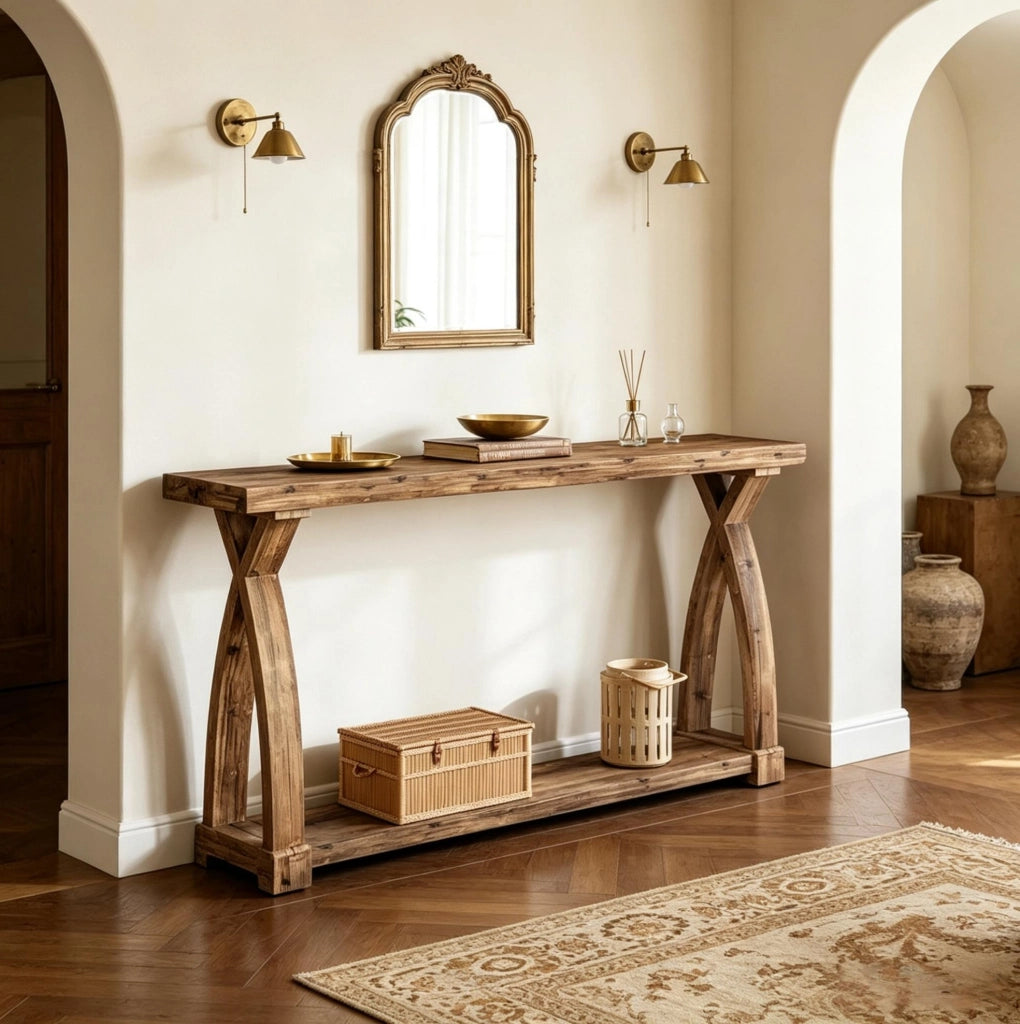 Tavolo consolle in legno marrone con ripiano inferiore; lunghezza 160 cm