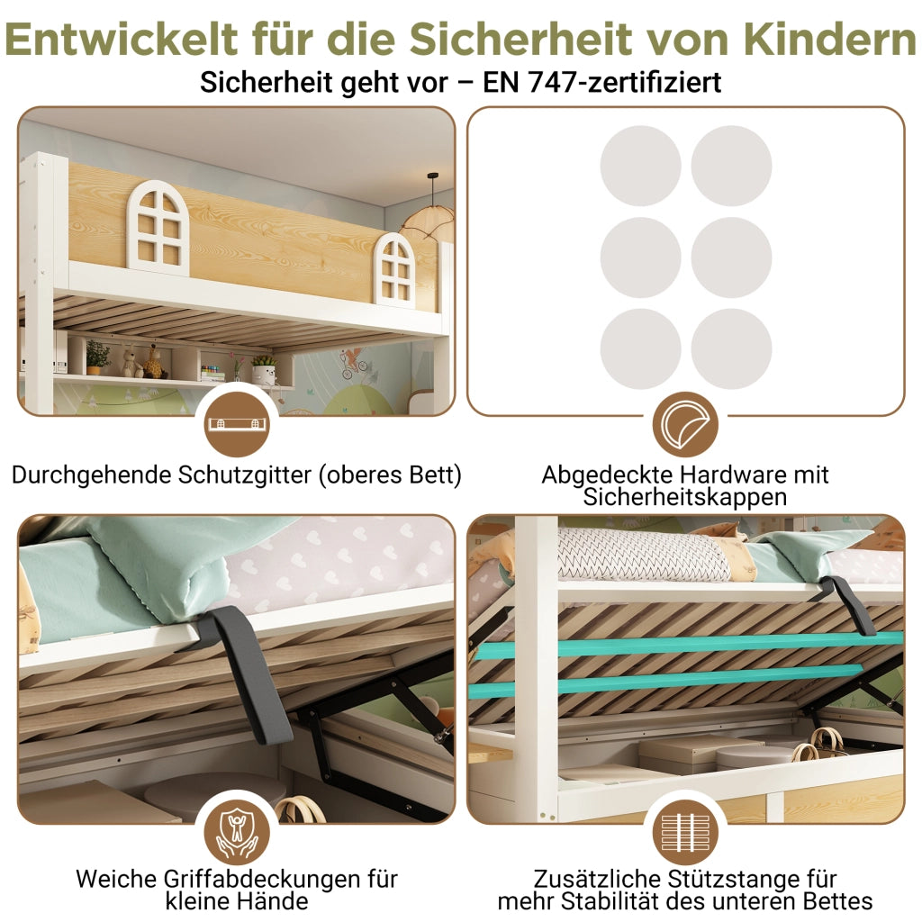 Letto a castello due posti 90 × 200 cm con scala contenitore e vano sollevabile in legno e metallo bianco naturale