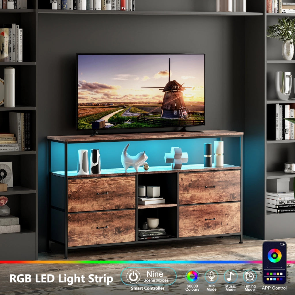 Mobile Porta TV 108x29x76 cm, Mobile Contenitore Soggiorno con 2 Ripiani e 4 Cassetti, Luci LED RGB per Soggiorno, Camera da Letto, Effetto Legno