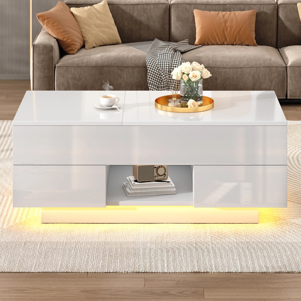 Tavolino da caffè 100x45x43 cm con piano sollevabile e LED in pannello truciolare bianco