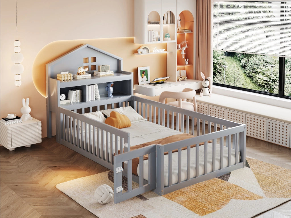 Letto per bambini a casetta 90 × 200 cm in legno grigio con rete a doghe protezione e vani contenitore