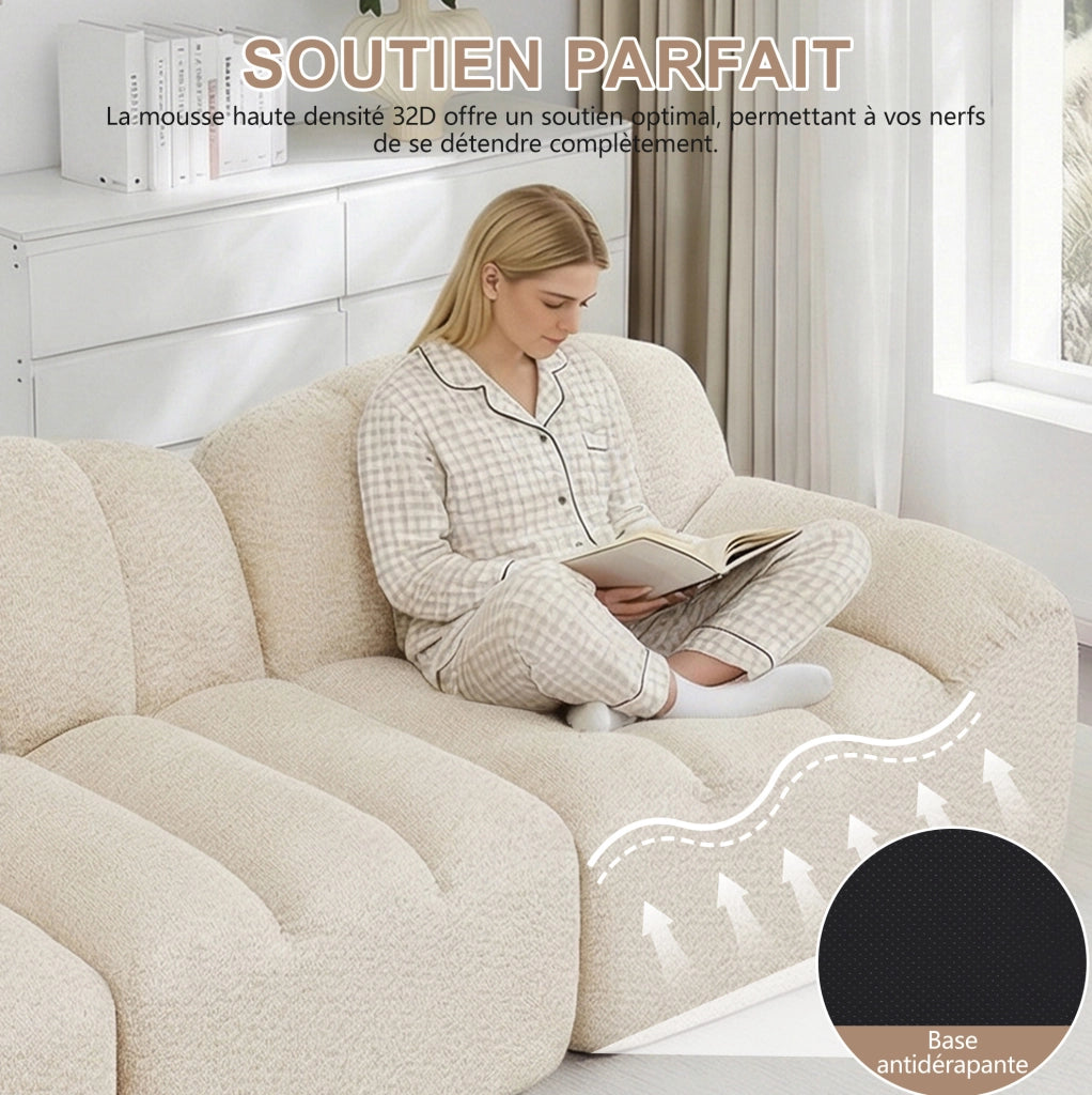 Divano modulare 4 posti a forma di conchiglia con schiuma ad alta densità 32D e tessuto beige bianco, ideale per soggiorno
