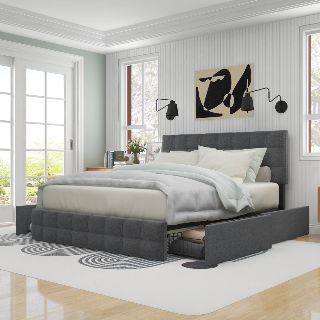 Letto matrimoniale imbottito 140 ¡Á 200 cm con 4 cassetti in lino grigio con materasso e testiera regolabile