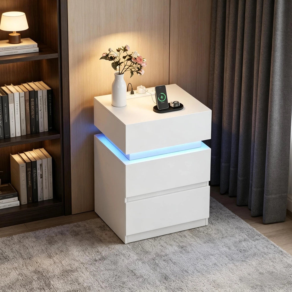 Comodino bianco con LED regolabile, 2 prese, USB e 2 cassetti