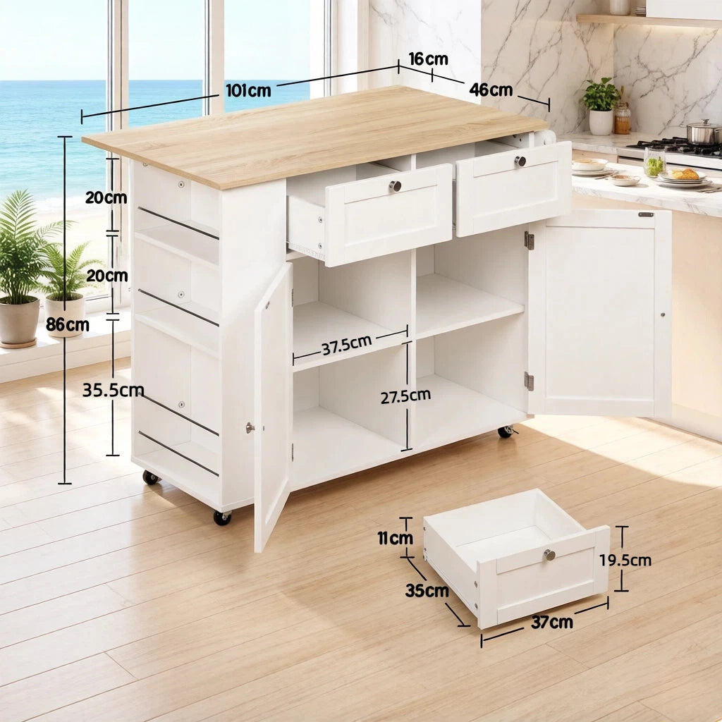 Credenza da cucina con 2 cassetti, 4 vani e ruote per cucina in metallo e truciolare bianco rovere chiaro