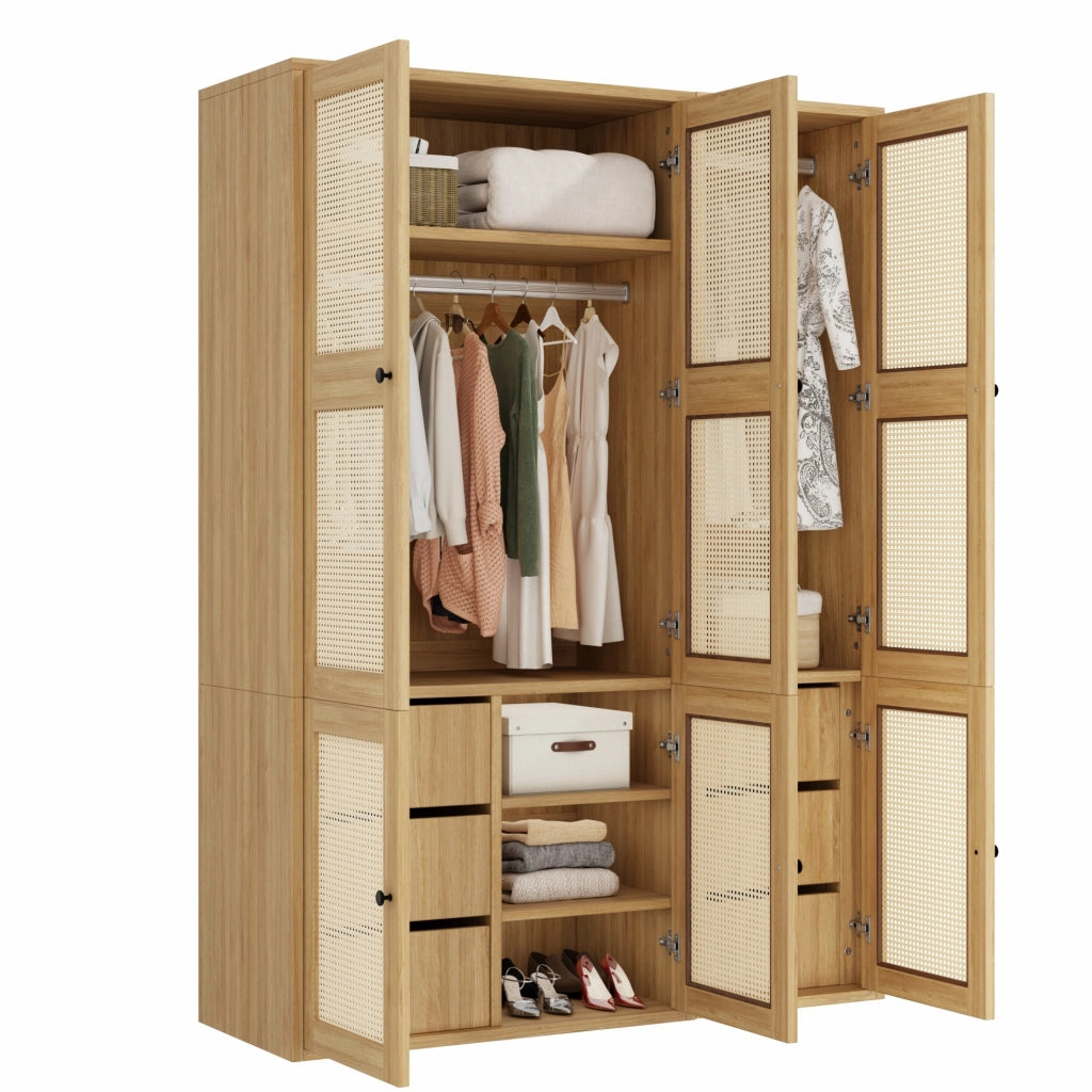 Armadio guardaroba 135x47x200 cm in MDF con 6 cassetti, 4 vani e 2 appendiabiti