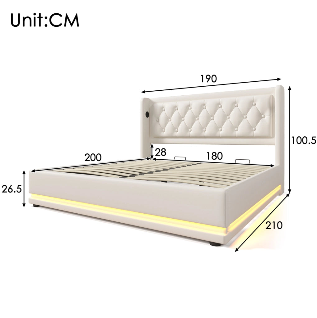 Letto matrimoniale 180x200 cm bianco in PU con contenitore idraulico, LED e ricarica USB-C