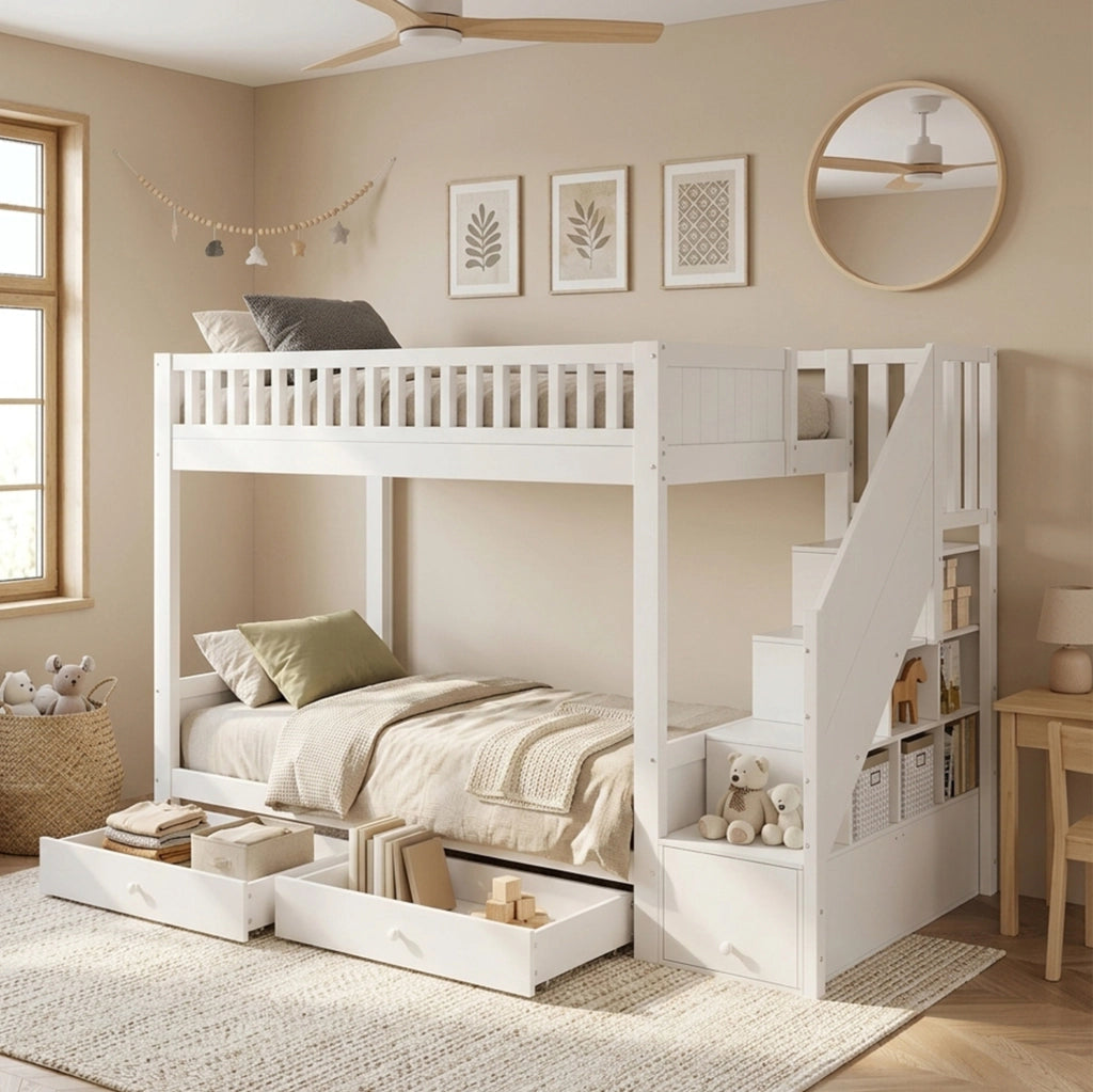 LETTO A CASTELLO 90x200 cm Bianco in Legno Massello e MDF con Scala Contenitore