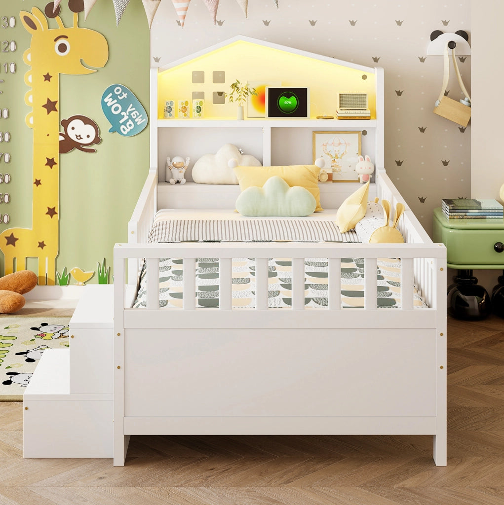 Letto per bambini 90x200 cm con 4 cassetti, LED, USB e USB-C bianco